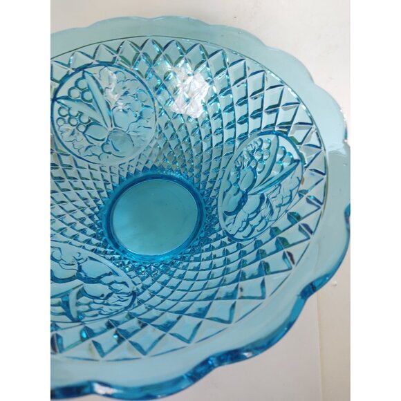 Vintage Aqua Blue Waffle Della Robbia Fruit Panel Glass Punch or Serving Bowl - Picture 8 of 16